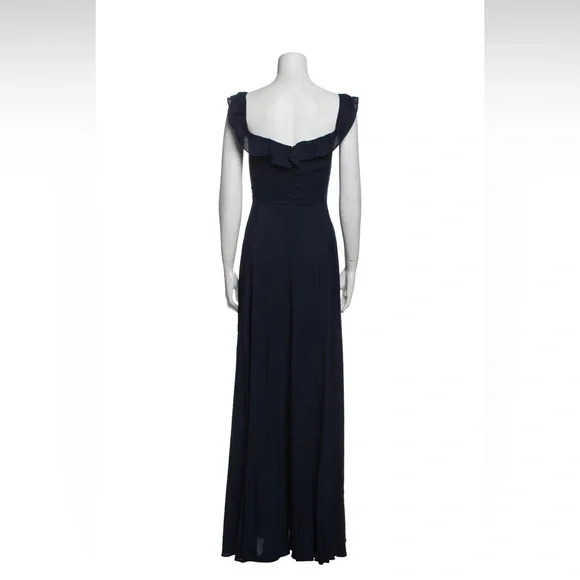 Reformation Verbana navy blue square neck off shoulder ruffle evening gown dress - Picture 4 of 8